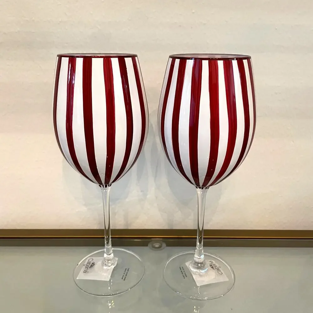 Cabana Red Striped Wine Goblet Glass Set of 2 Holiday NEW